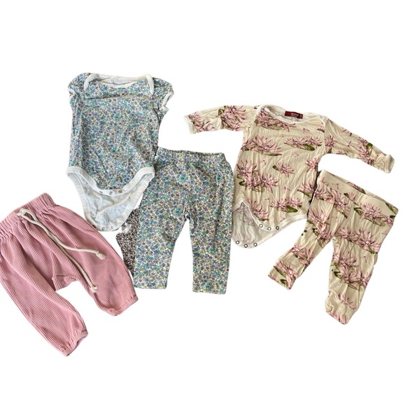 Other - Bundle of 5 mixed brand- muted colors pants and onesies 6-13 m